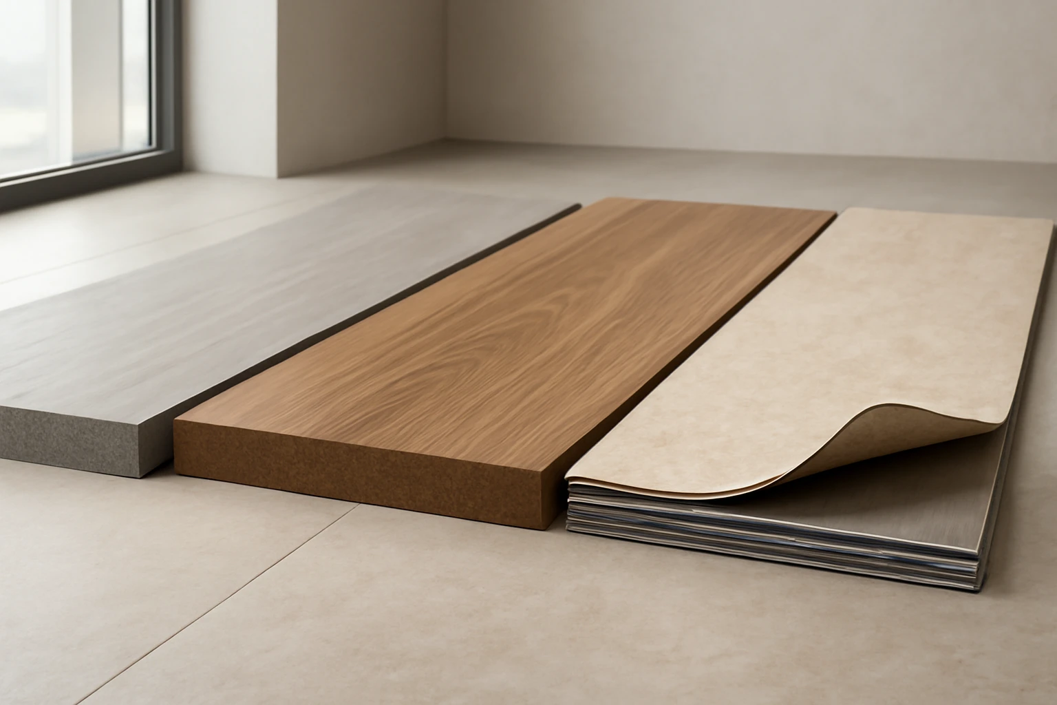 Three installed floor samples side-by-side showing SPC plank, laminate plank with MDF core, and flexible LVT tile in a showro