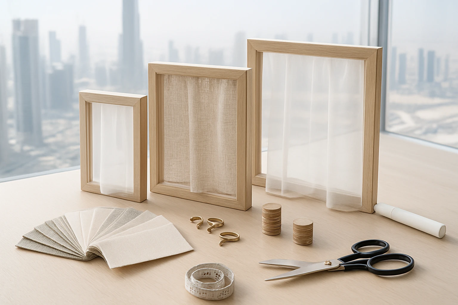 Three sample sheer curtain setups on a table in Dubai: polyester ready-made, linen-blend lined, and silk-organza motorised pa