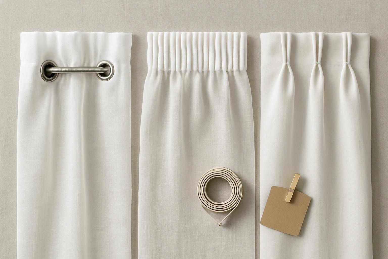 Three sheer curtain header samples — eyelet on a rod, pencil pleat with tape, and pinch pleat — with a blank tag and measurin