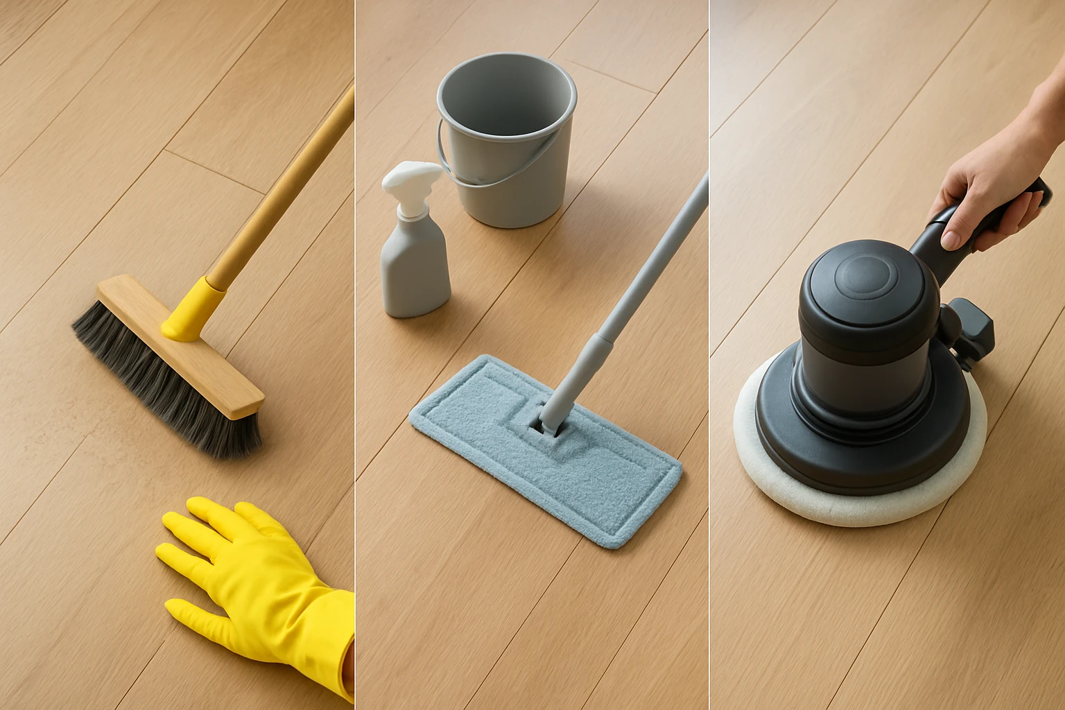 Three-way comparison on light oak vinyl plank flooring showing dry sweeping, damp microfiber mopping, and machine deep cleani