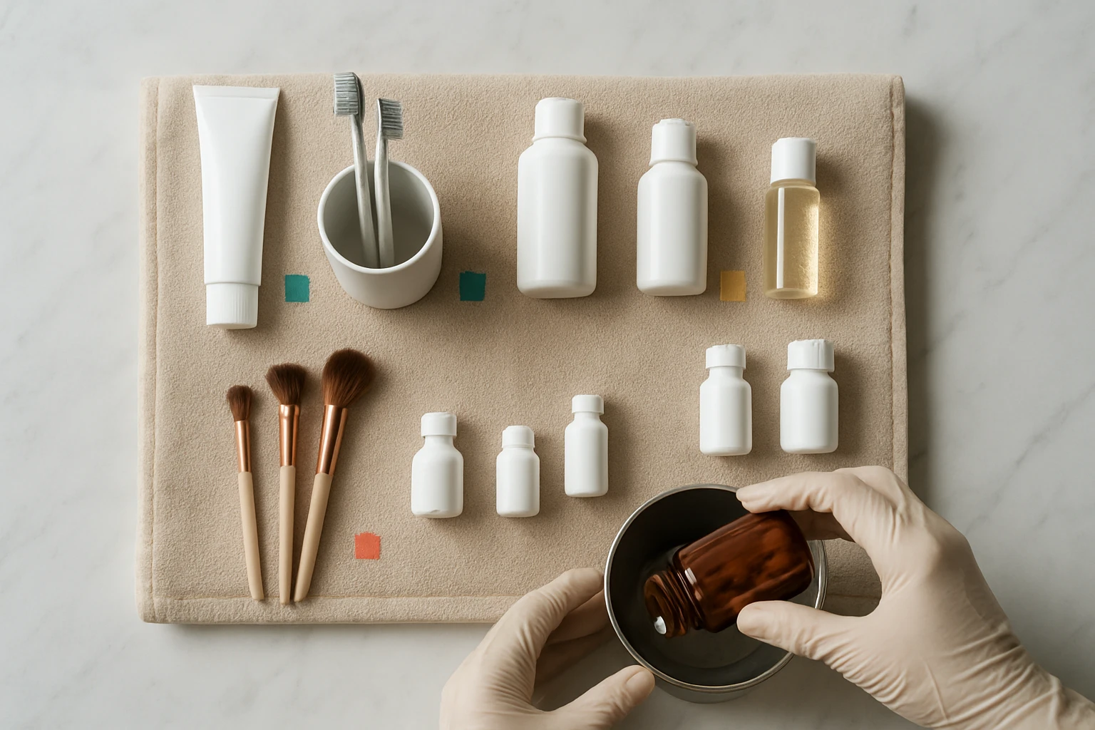 Toiletries grouped on a folded towel as a gloved hand drops an old medicine bottle into a small waste bin.