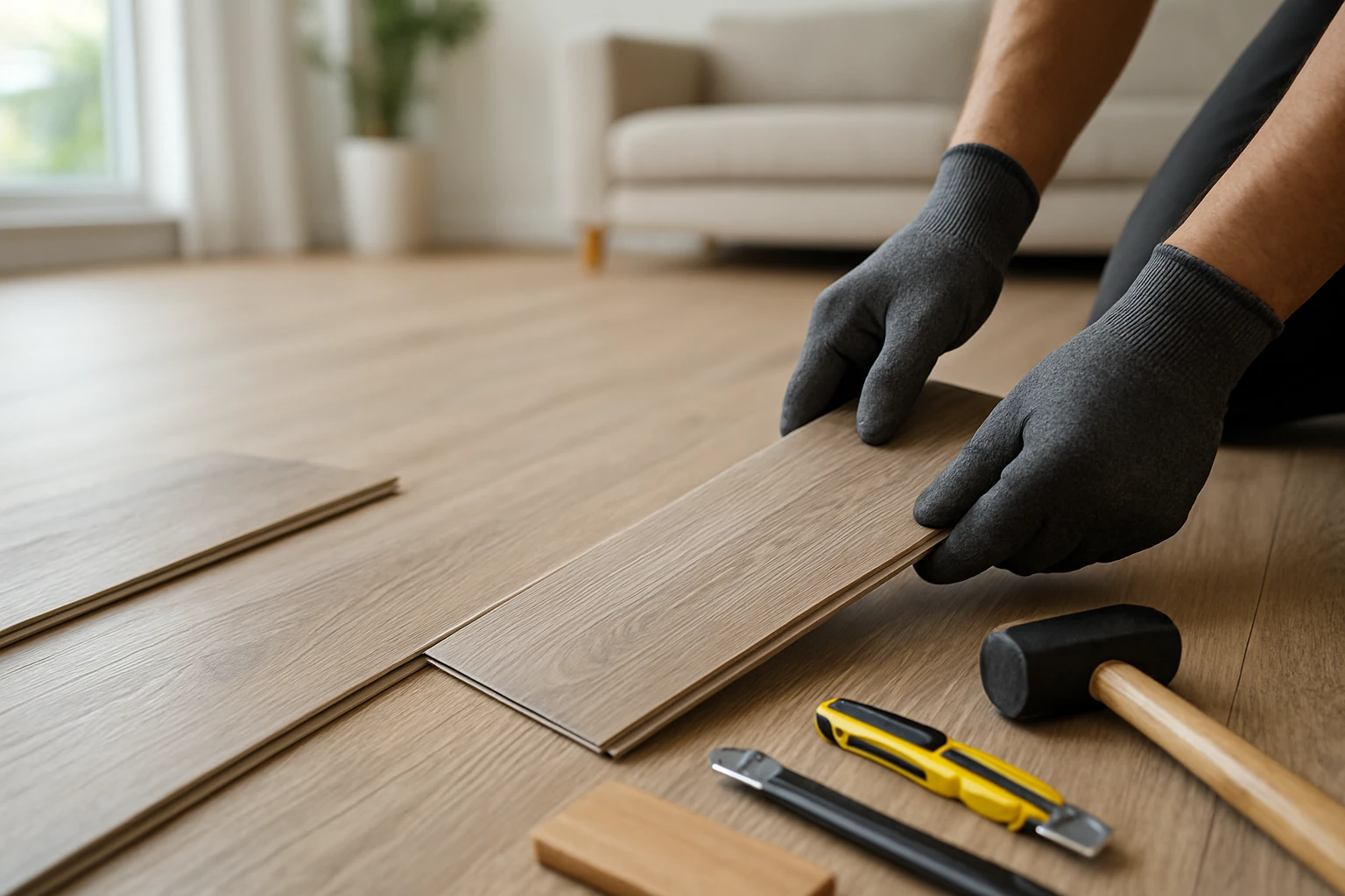 Tradesperson replacing a damaged vinyl plank by sliding a matching click-lock plank into place with tools nearby in daylight.