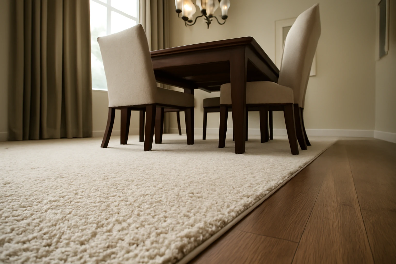 Transition between thick dining-room carpet and SPC wood-look flooring showing compressed carpet pile and firm plank surface.