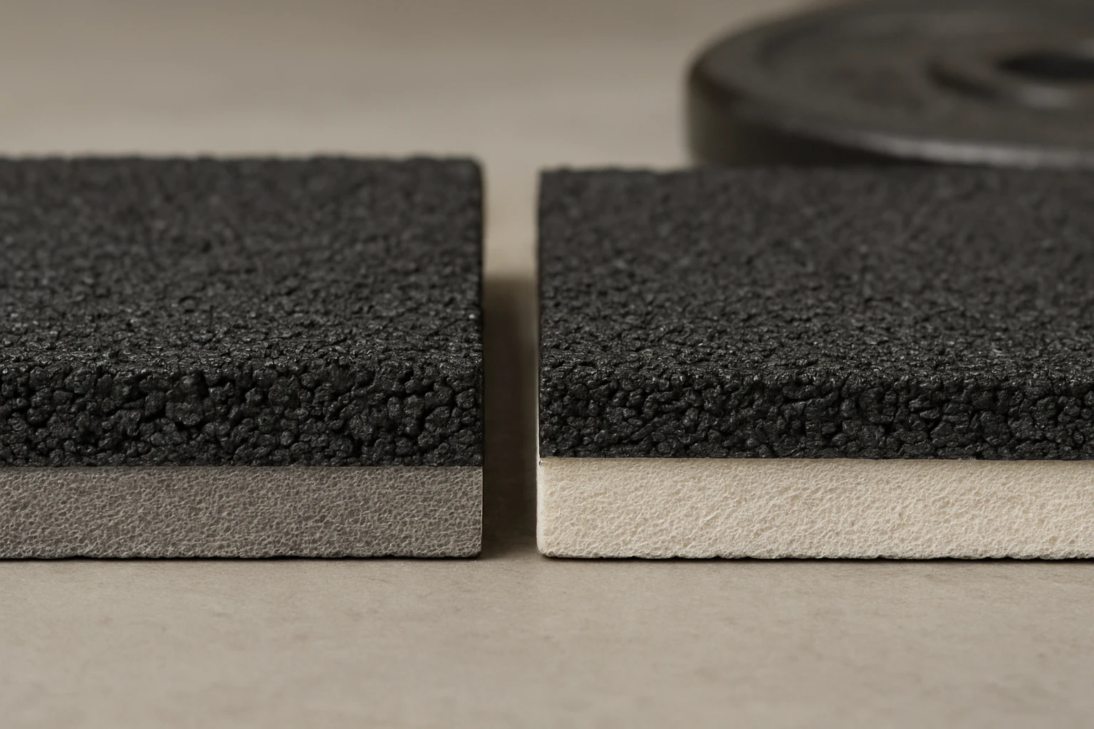 Two gym flooring cross-sections showing dense black rubber granules and different foam backing thicknesses on a workshop benc