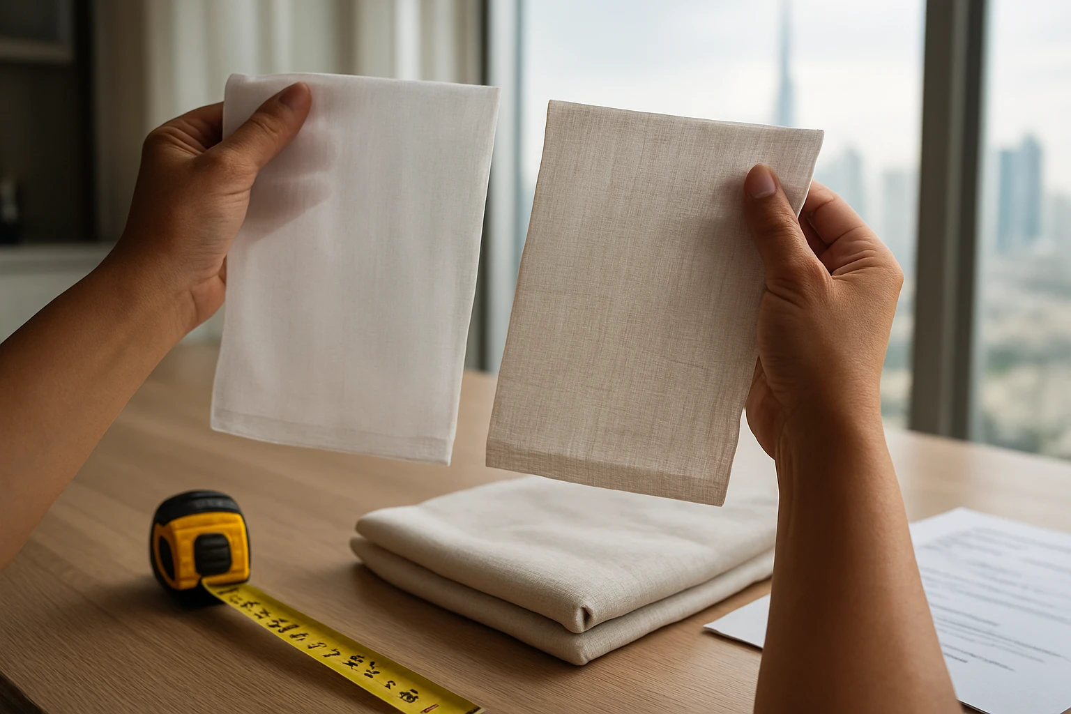 Two sheer curtain fabric swatches compared at a kitchen table with a tape measure and blurred cost papers in a Dubai apartmen
