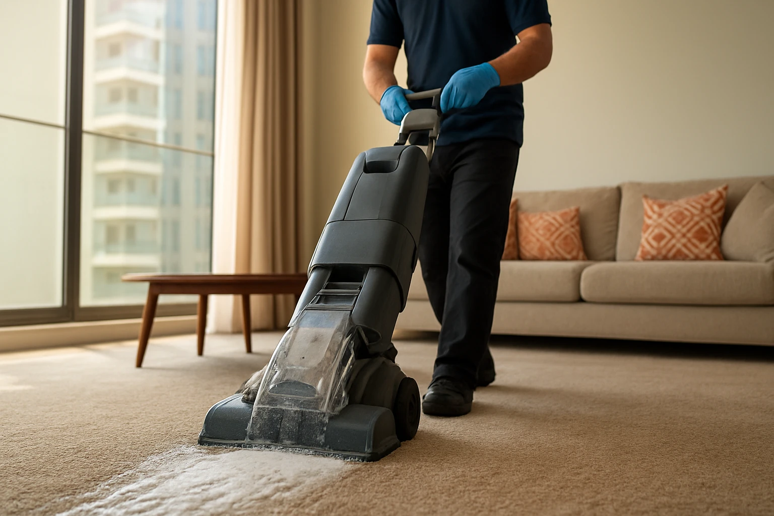Upright carpet cleaner being used on a medium-pile living room carpet in a Dubai apartment, with cleaning solution and wet fo
