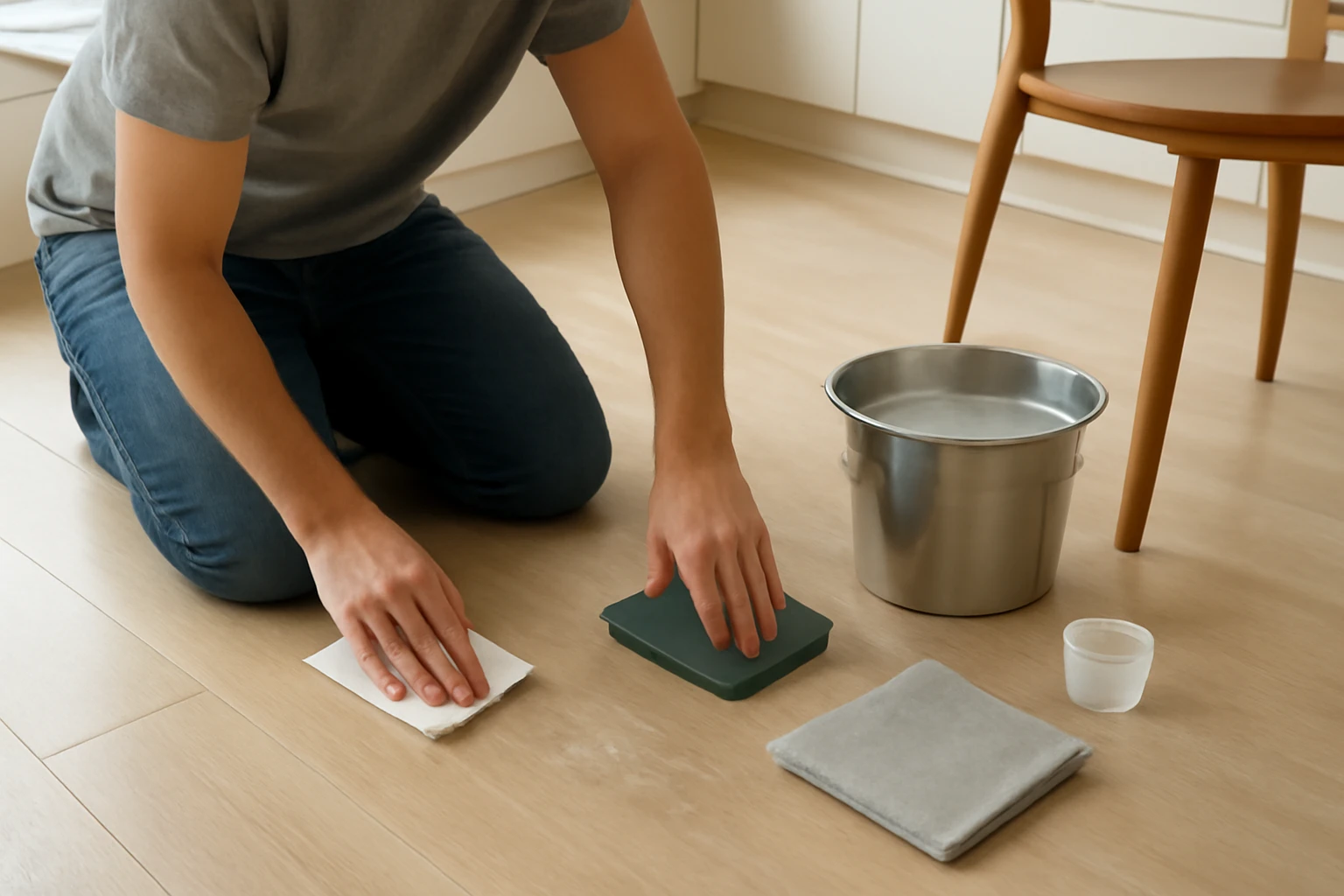 Vinyl flooring being deep-cleaned with a person testing cleaner on a seam, scrubbing with a microfiber pad, and drying a swat