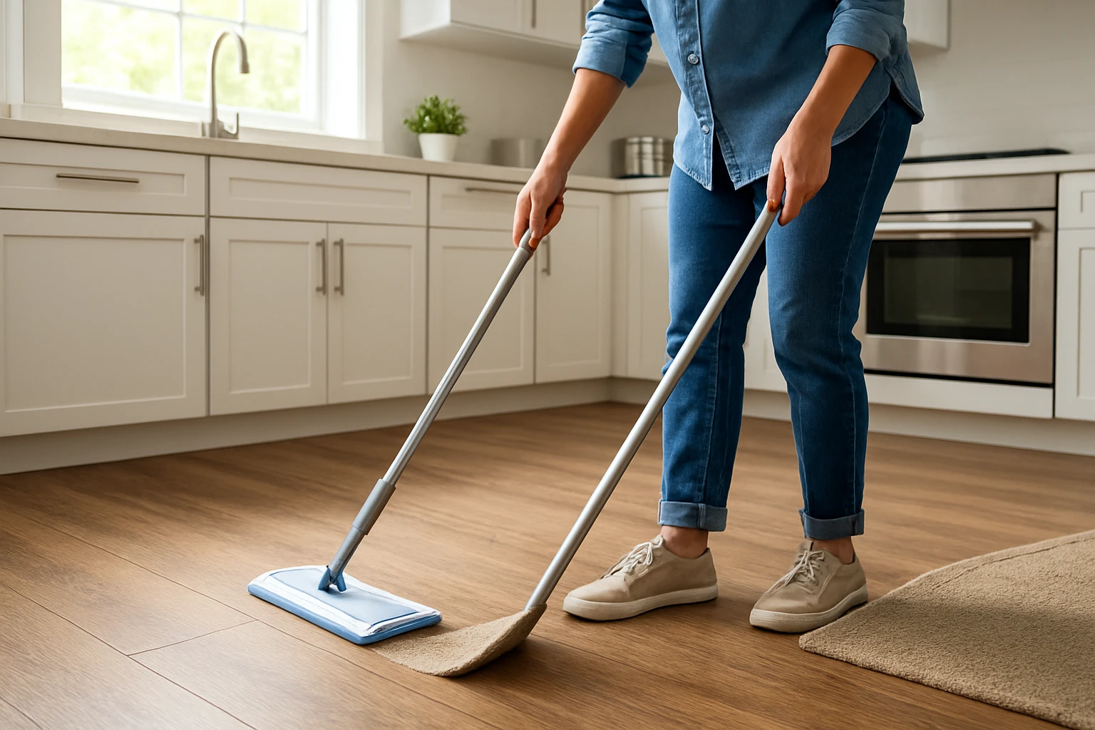 Vinyl plank flooring being damp-mopped while a person lifts a rug corner to check for grit in a modern kitchen.