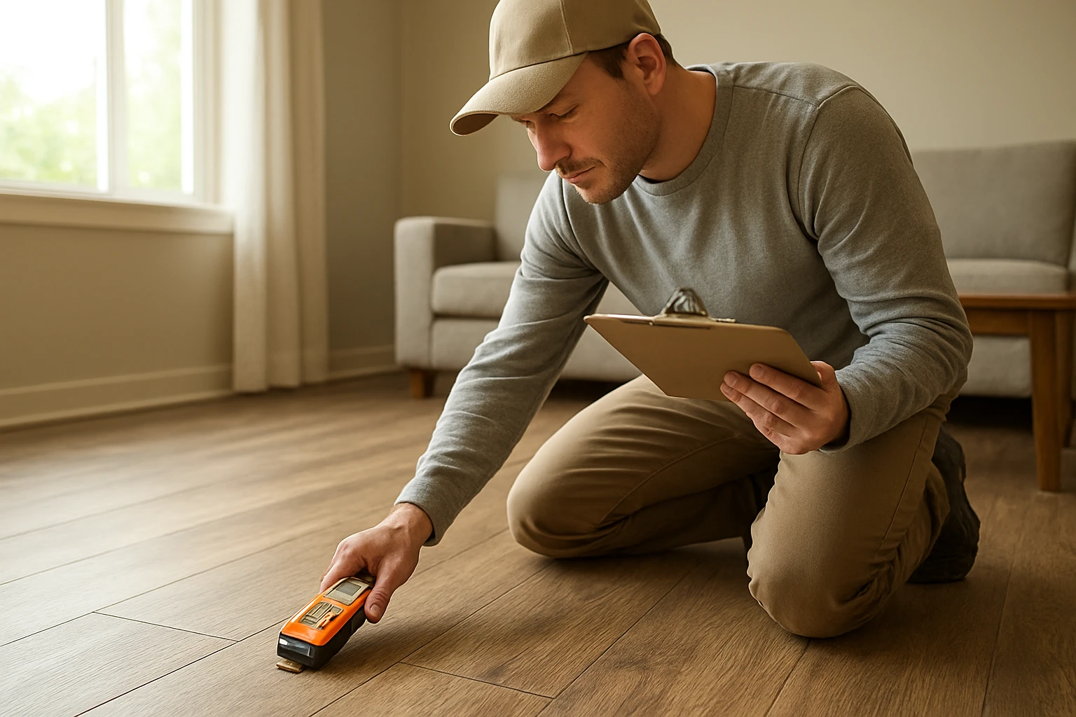Vinyl plank flooring being inspected by a professional installer using a moisture meter and clipboard in a bright living room