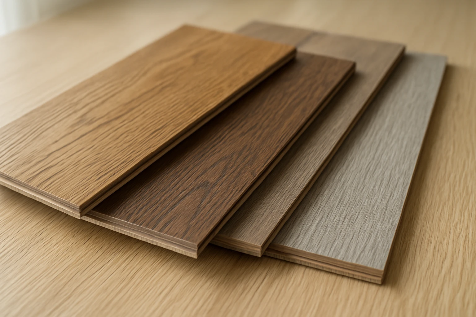 Vinyl plank flooring samples fanned on a table showing varied wood-grain finishes, edge profiles, and plank thicknesses.