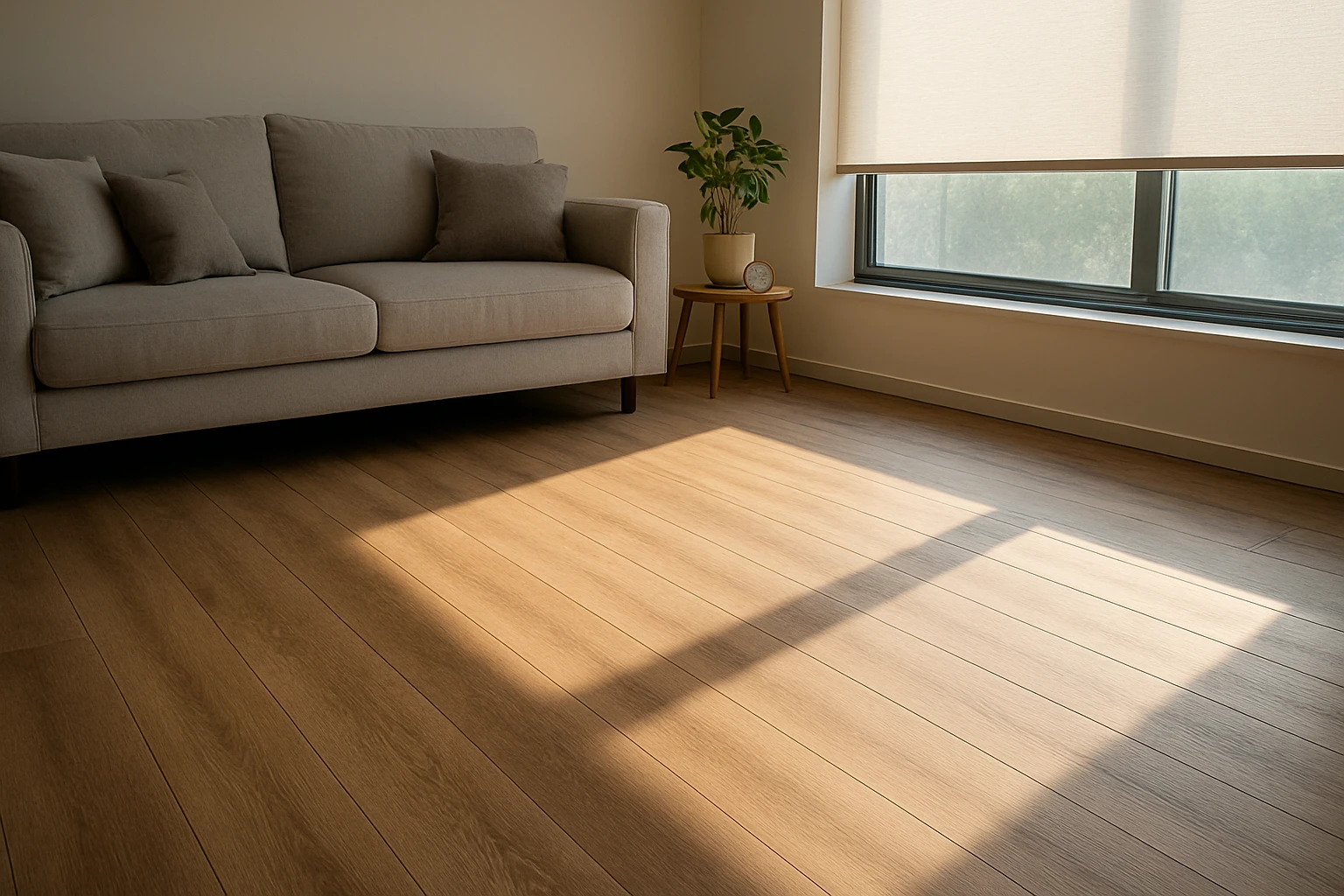 Vinyl plank flooring with sunlight streaming through a partially lowered UV-filtering blind and a thermometer on a side table