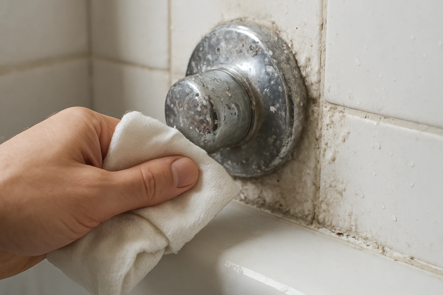 White mineral scale and soap scum on a chrome shower faucet and tile edge being wiped away with a vinegar-soaked cloth.