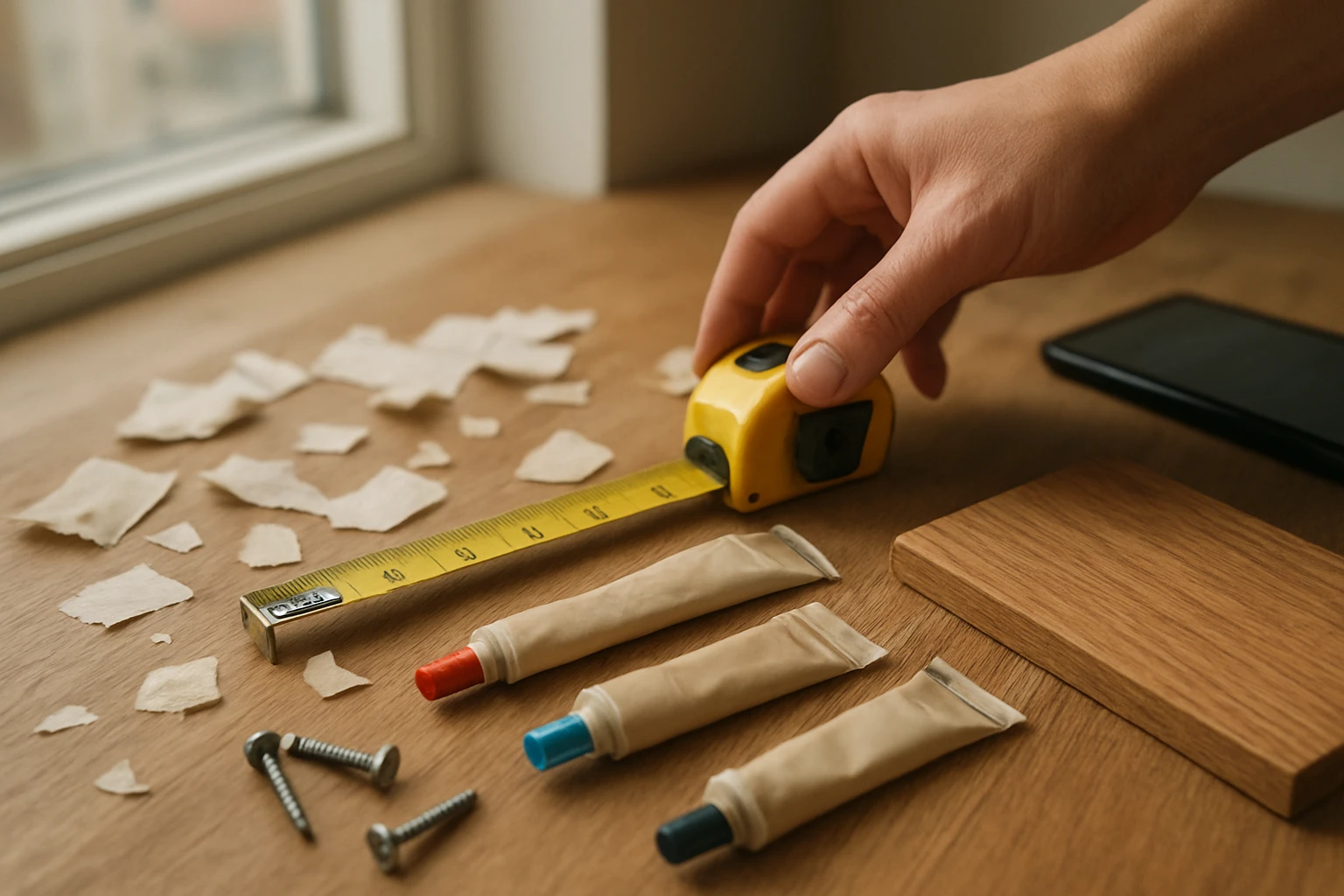 Wood-filler tubes and repair receipts on a wooden workbench next to a tape measure, oak flooring sample and a smartphone.