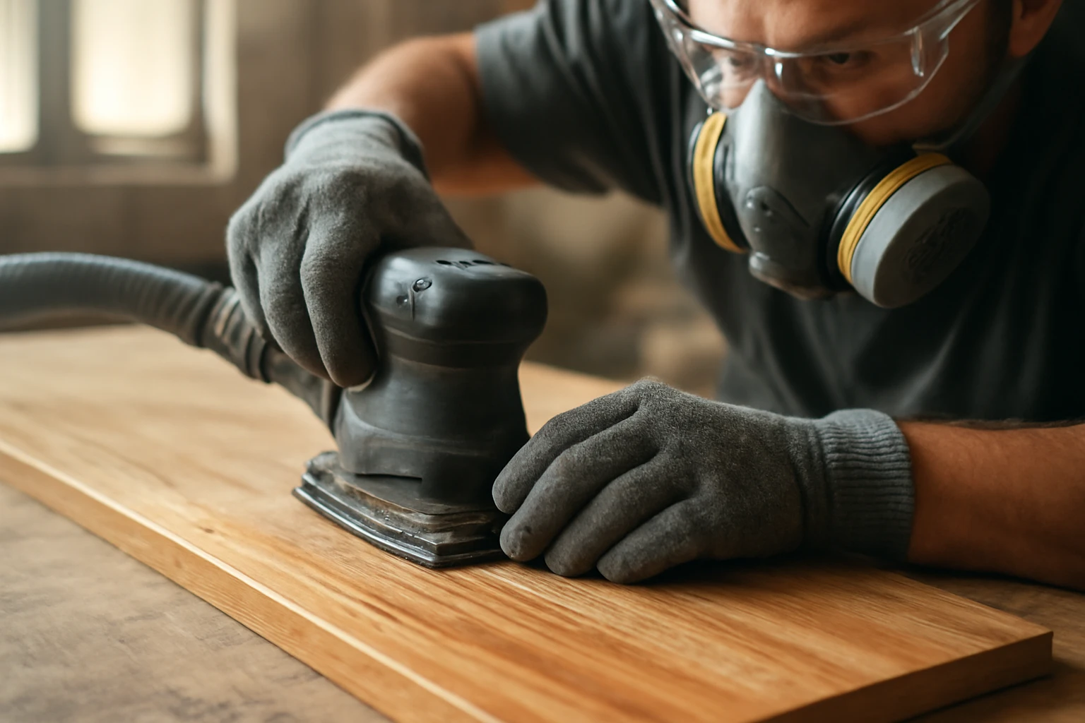 Worker sanding the edge of a strand-woven bamboo flooring plank in a Dubai workshop, revealing raw bamboo grain and removed f